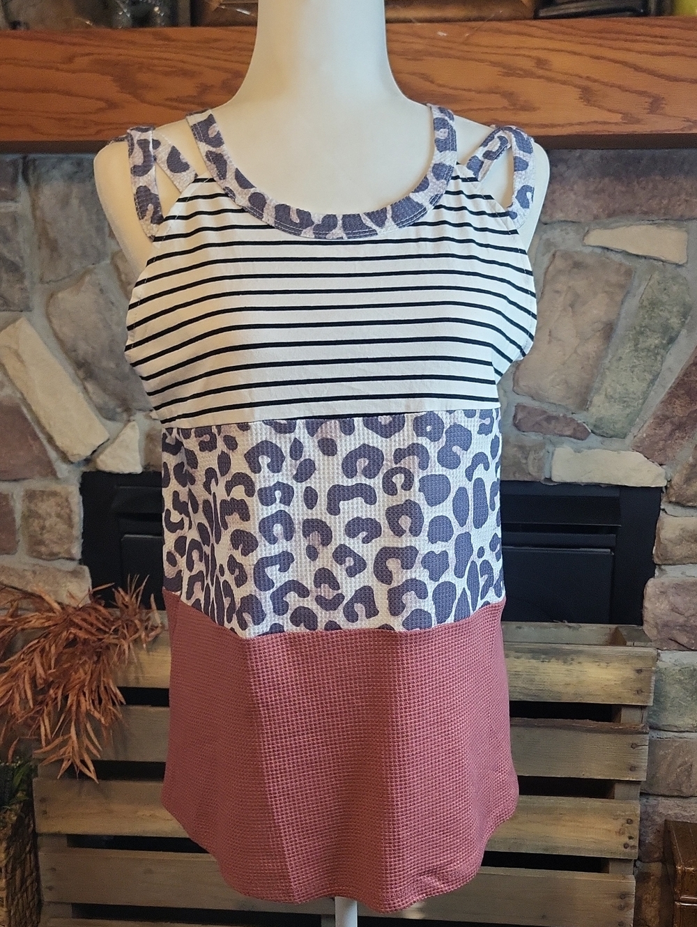 Striped, Leopard & Waffle-Knit Colorblock Tank Top in White, Black and Mauve